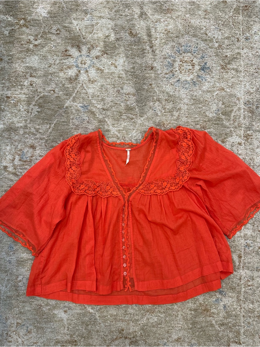Anthropologie Crochet-Trim Flutter Sleeve Blouse in Bright Orange